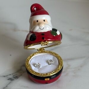 Vintage Avon Ceramic Santa Trinket Box with CZ Stud Earrings Gift Set NIB
